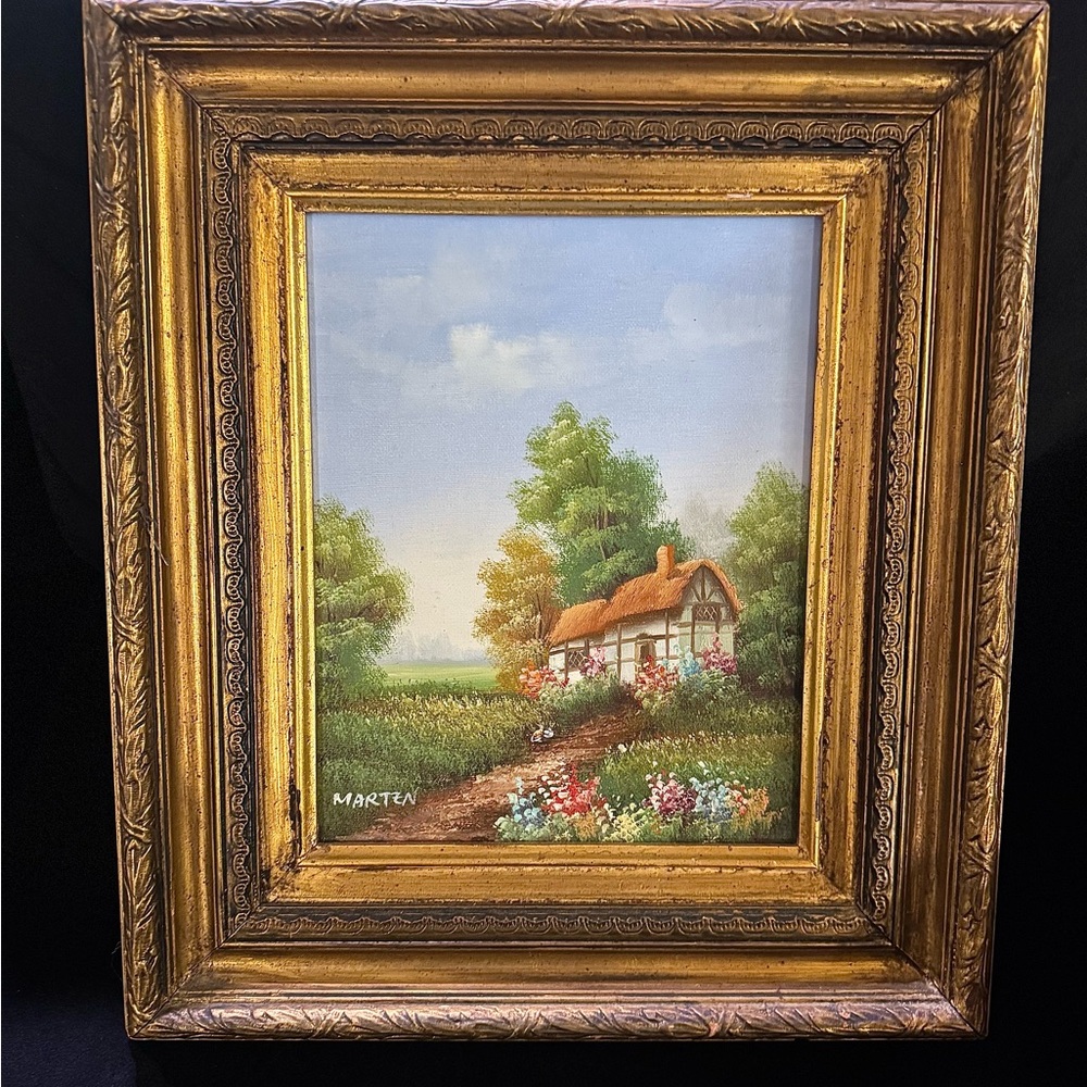 Charming Vintage Cottage Landscape in Gold Frame